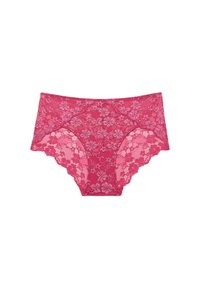 Culotte taille haute en dentelle rose avec des motifs floraux, présentant une texture transparente et des bords festonnés pour plus de détails.