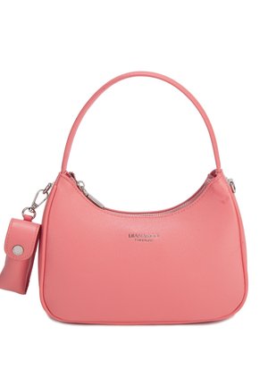 Roze leren schoudertas met gebogen bovenrits en kleine aangehechte pouch, met het logo "DIANA&CO FIRENZE" aan de voorkant.