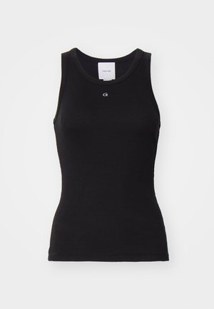 Black cotton tank top with a fitted design, round neckline, and logo "ck" printed in white on the chest, featuring a smooth texture.