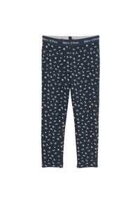 Granatowe legginsy z małym kwiatowym wzorem w odcieniach różu i bieli. Elastyczny pas z logo "MARC O’POLO". Wykonane z miękkiej, elastycznej tkaniny.