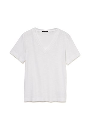 T-shirt blanc à manches courtes avec col en V et coupe décontractée, présenté sur un fond blanc uni.