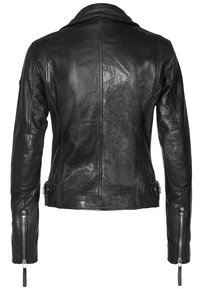 Svart lädermotorcykeljacka med en strukturerad krage, dragkedjor vid ärmarna och sidremmar; slät textur och figurnära design.