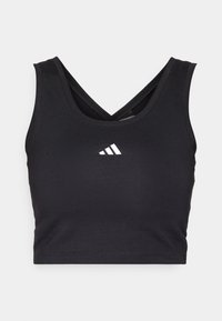 Czarny sportowy crop top wykonany z gładkiego materiału, z dekoltem w kształcie litery V i skrzyżowanymi ramiączkami z tyłu. Zawiera małe białe logo na przodzie.