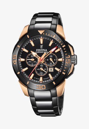 Crni sat od nehrđajućeg čelika s ružičastim zlatnim akcentima, kronografskim brojčanicima, luminescentnim markerima i teksturiranim okvirom; vodootpornost do 30 metara.