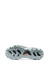Schwarze und graue Wanderschuhsohle mit einer strukturierten, hellgrauen Außensohle, die markante Traktionsnoppen und ein orangefarbenes Logo aufweist.