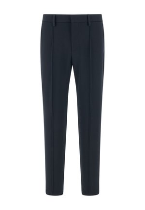 Pantaloni eleganti blu navy in tessuto liscio, con fronte piatto, due tasche laterali e un design su misura a gamba dritta.