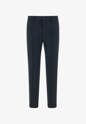 Pantaloni eleganti blu navy in tessuto liscio, con fronte piatto, due tasche laterali e un design su misura a gamba dritta.