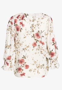 Blusa floreale con sfondo bianco, decorata con fiori rosa e dorati. Maniche a puffo con polsini elasticizzati e un tessuto morbido e leggero.