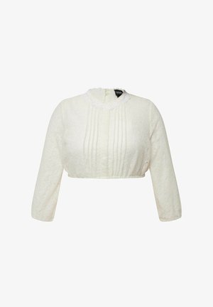 Witte cropped blouse met lange mouwen, bloemenkantstructuur, geplooide voorkant en een hoge kraag met een gegolfde rand. Label zichtbaar.
