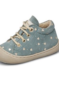 Scarpa blu in suede con motivo a cuore dorato, suola in gomma beige, lacci dorati e rivestimento interno morbido. Design con punta arrotondata, altezza a metà caviglia.
