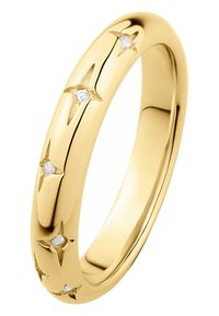 Goldring mit Sternauschnitten und eingelegten klaren Steinen, glatte Oberfläche mit polierter Ausführung. Klassisches, rundes Design.