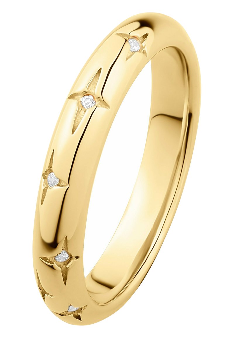 Goldring mit Sternauschnitten und eingelegten klaren Steinen, glatte Oberfläche mit polierter Ausführung. Klassisches, rundes Design.