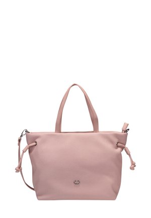Borsa tote rosa realizzata in materiale testurizzato, presenta manici doppi e una tracolla removibile, con un piccolo logo argentato sul davanti.