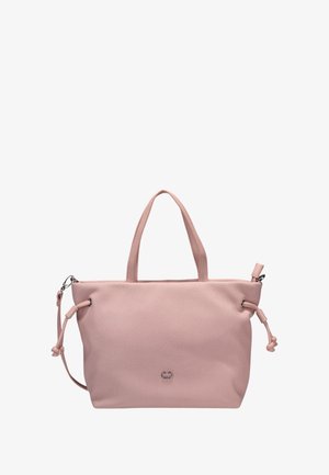 Borsa tote rosa realizzata in materiale testurizzato, presenta manici doppi e una tracolla removibile, con un piccolo logo argentato sul davanti.