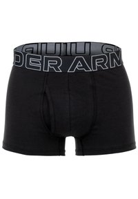 Schwarze Boxershorts aus weichem Stoff mit einem grauen elastischen Bund, auf dem "UNDER ARMOUR" in fetten Buchstaben steht. Funktioneller Eingriff.