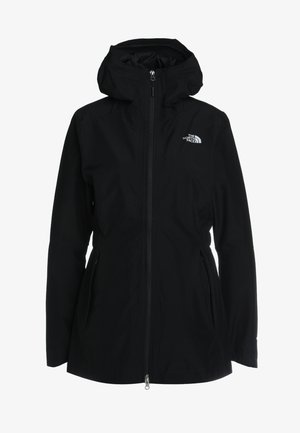 Schwarze wasserdichte Jacke mit Kapuze, Reißverschluss und verstellbarem Bund. Enthält ein Logo auf der linken Brust und seitliche Taschen.