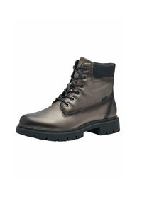 Botas de tobillo para hombre con parte superior de cuero bronze metálico, acentos negros, puntera redonda y diseño con cordones. Suela de goma gruesa con patrón de relieve.