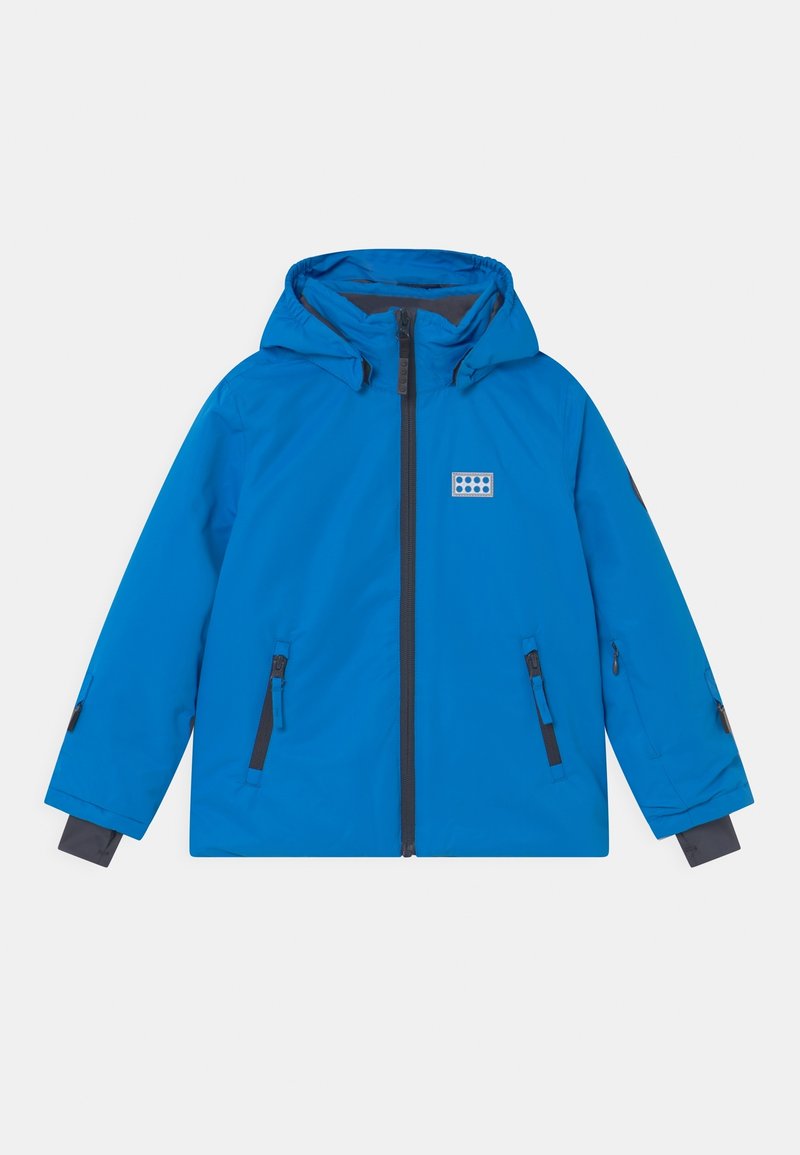 Blue hooded jacket with a front zipper and side pockets. Sleek design features dark accents and a logo patch on the chest.