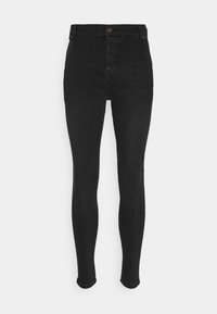 Jeans skinny negros hechos de denim, con una cintura alta, diseño estándar de cinco bolsillos y un cierre de botón en la parte frontal.