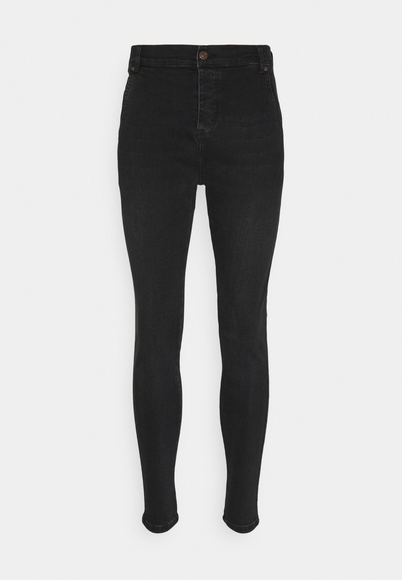 Jeans skinny negros hechos de denim, con una cintura alta, diseño estándar de cinco bolsillos y un cierre de botón en la parte frontal.