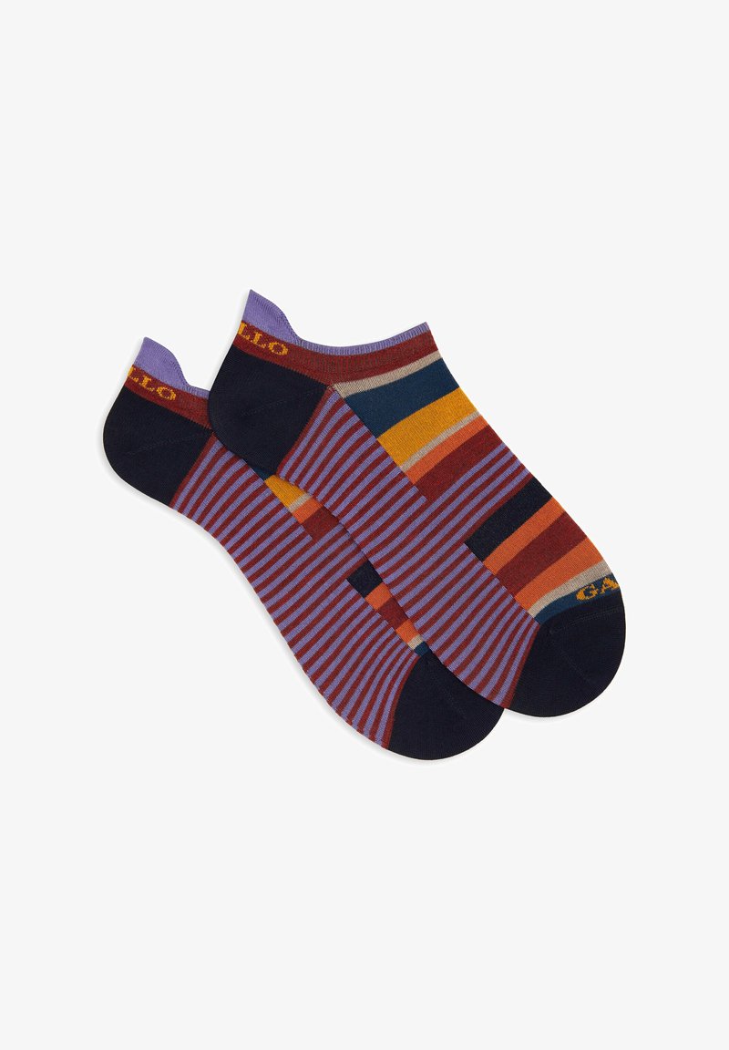 Knöchelsocken in Dunkelblau mit gestreiften und geometrischen Mustern in Lila, Orange und Gelb sowie einem Logo am Bund.