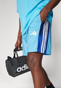 Gaiši zili sporta šorti ar tumši ziliem sānu paneliem un baltām svītrām. Melna soma ar baltu "adidas" logotipu. Materiāls izskatās elpojošs.