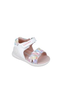 Sandal bianco con motivo astratto e colorato sulle cinghie, velcro regolabile, soletta imbottita e suola in gomma resistente.