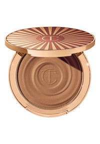 Bronzer-Compact mit einem runden, gold- und roségoldfarbenen Deckel. Enthält ein gepresstes Bronzing-Puder mit subtilen Schimmer und einem individuell eingestempelten Logo.