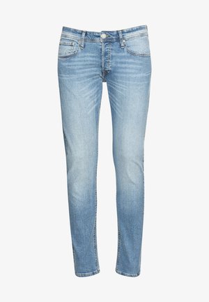 Jeans in denim azzurro chiaro con vestibilità slim. Presentano una chiusura con zip, cinque tasche e un leggero sbiadimento sulle cosce. Cuciture rinforzate lungo le cuciture.