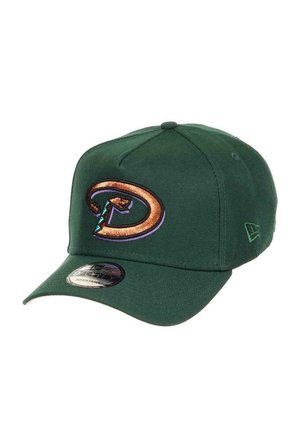 Green cap with a curved brim, featuring an embroidered multicolored logo on the front. The material appears smooth with adjustable sizing.