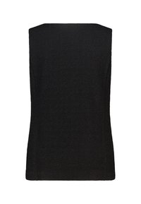 Haut noir sans manches en tissu texturé ; présente un décolleté droit et une silhouette ajustée. Pas d'ornements ou de motifs visibles.