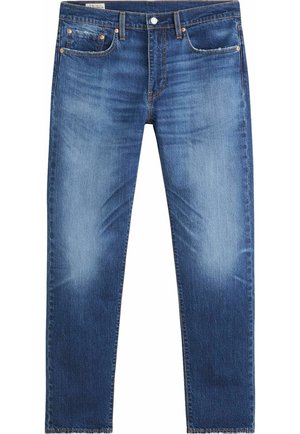Herren blaue Jeans aus Denim mit Knopf- und Reißverschluss, Vorder- und Gesäßtaschen sowie dezentem Verblassen an Oberschenkeln und Knien.