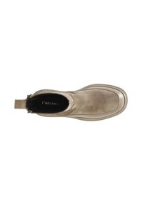 Stivaletto beige con finitura in suede liscia, punta arrotondata, suola a contrasto e linguetta sul retro per una facile calzata. Logo stampato all'interno.