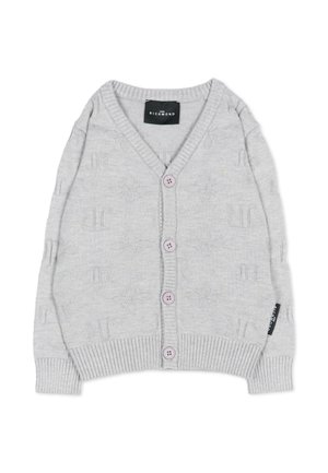 Cardigan in maglia grigio chiaro con scollo a V, quattro bottoni sul davanti, sottili motivi floreali e lettere in rilievo, polsini e orlo a coste.