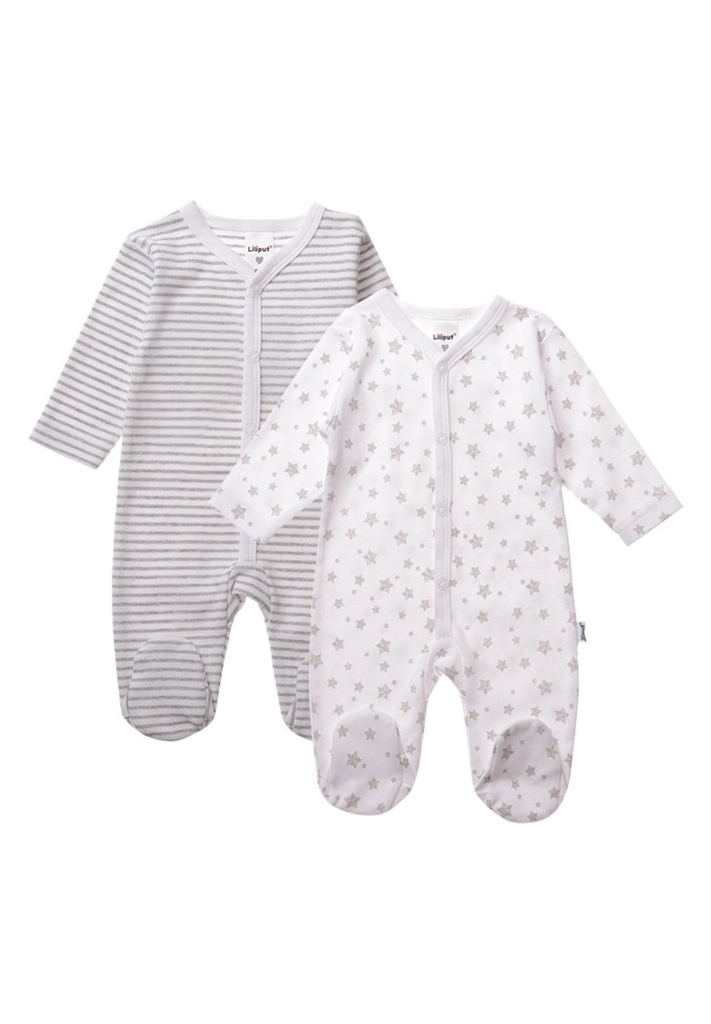 Two infant onesies: one gray striped, the other white with light gray stars. Both feature snap buttons and footed bottoms. Soft cotton material.