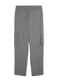 Gray cargo pants with an elastic waistband. Features two side pockets and a lightweight, smooth texture. Casual straight-leg design.