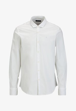 Langärmliges weißes Hemd aus Baumwolle. Verfügt über einen Button-Down-Kragen und Knöpfe an der Vorderseite. Kleines Logo auf der Brust. Glatte Textur.