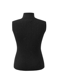Zwarte mouwloze coltrui met geribbelde textuur en subtiele kleurvlekjes, voorzien van een hoge kraag en een nauwsluitend silhouet.