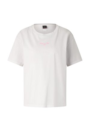 Witte T-shirt met korte mouwen en een ronde hals, voorzien van een klein roze "Rose and Ice" logo in het midden van de borst.