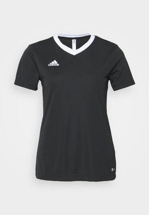 Sort Adidas sportstrøje med korte ærmer, hvid V-hals og Adidas-logo på højre bryst.