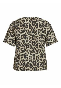 Chemise à manches courtes avec motif léopard beige et noir, vue de dos sur fond blanc.