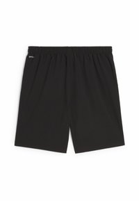 Svarta fukttransporterande shorts med elastiskt midjeband. Slät yta, knälängd, med en liten logotyp på vänster midja.