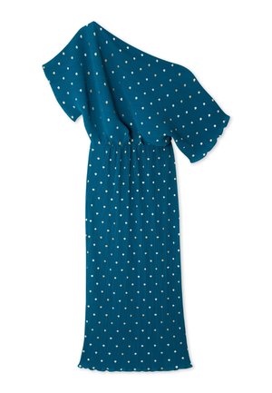 Sukienka w kolorze morskim z jednym odsłoniętym ramieniem, wykonana z teksturowanego materiału z rozsianymi białymi i złotymi groszkami. Rozkloszowany rękaw; plisowany pas.