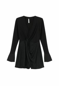 Jumpsuit nero in stile avvolgente con maniche lunghe svasate, dettaglio in vita annodato e tessuto morbido e leggero.