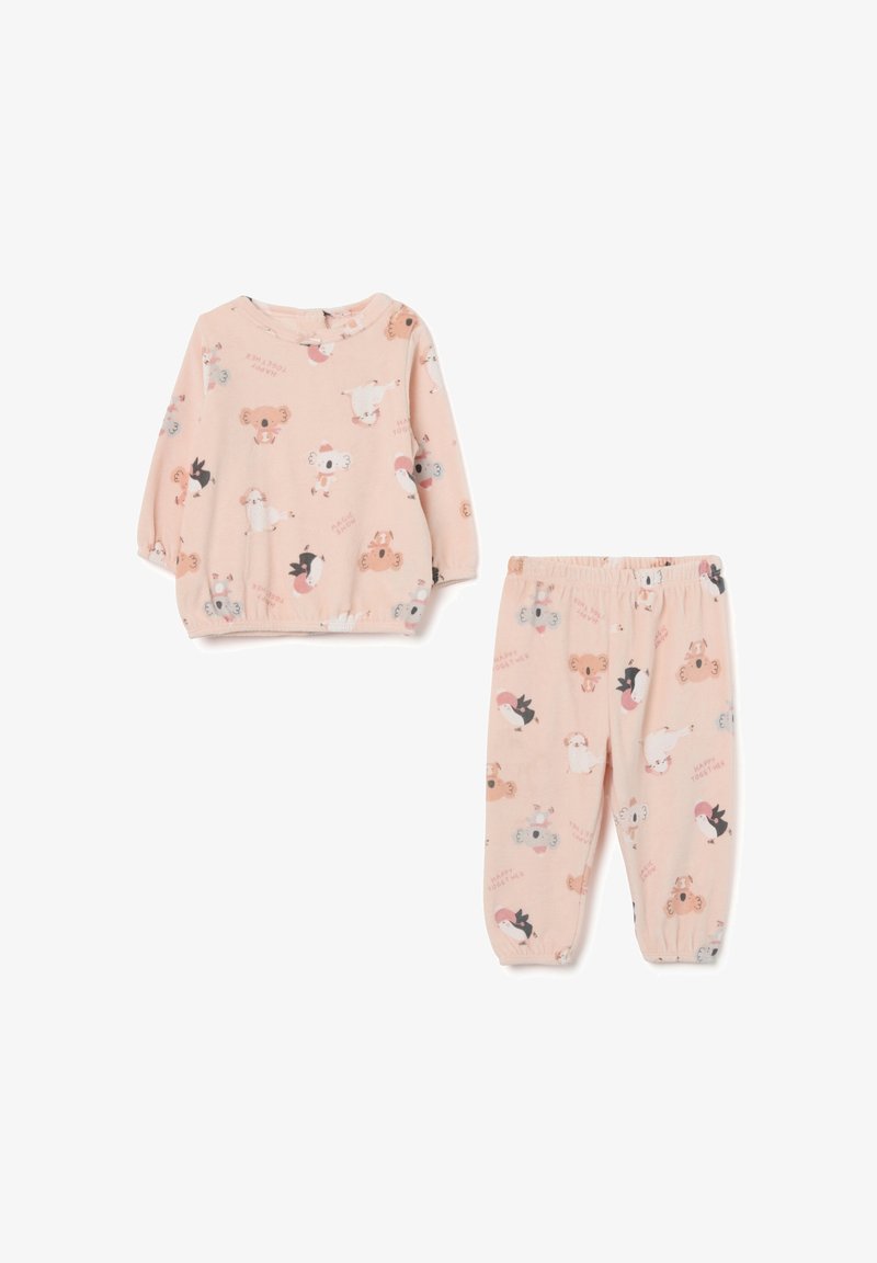 Conjunto de camisa de manga larga rosa y pantalones a juego; presenta estampados de animales y texto divertido. Tejido suave; cinturilla elástica en los pantalones.