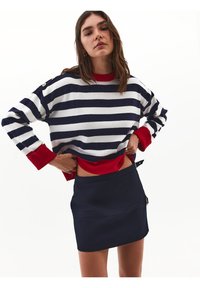 Maglione a righe blu navy e bianco con accenti rossi, caratterizzato da un colletto e polsini a coste, abbinato a una gonna mini blu navy semplice.
