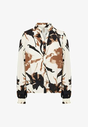 Bloemenprint blouse in wit, met zwarte en bruine abstracte bloemen, een mandarijnkraag, knopen aan de voorkant en elastische manchetten.