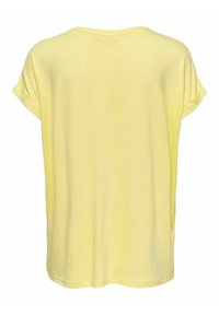 T-shirt giallo a maniche corte, tessuto morbido, scollatura rotonda, vestibilità comoda, texture liscia, senza fantasie o decorazioni. Vista posteriore mostrata.