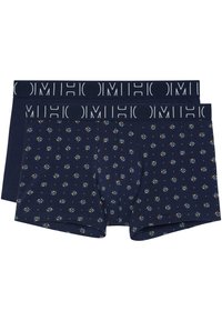 Two pairs of men's boxer shorts in navy blue. One has a geometric pattern with colors, the other is solid navy. Elastic waistbands included.