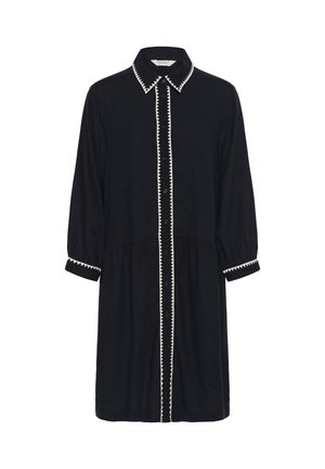 Robe longue noir à manches longues avec boutons, bordée de zigzags blancs sur le col, la ligne de boutons et les poignets, dotée d'une coupe décontractée et d'une taille froncée.